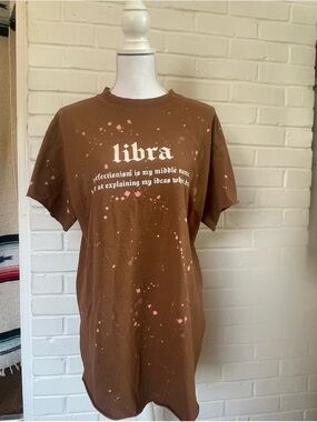 Pebby Forevee Brown Libra Crewneck Tee with Subtle Pink Accent Side Slits